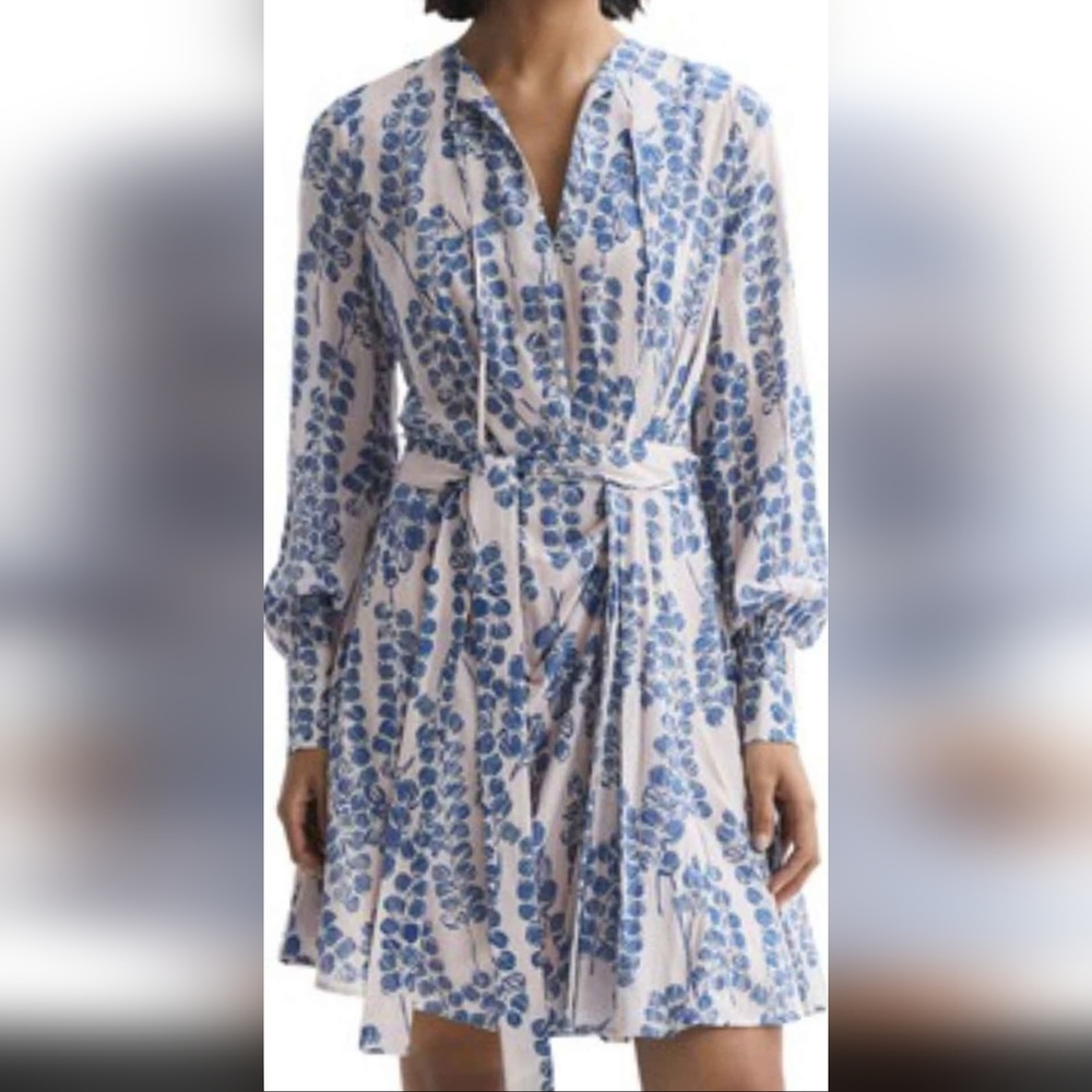 Reiss White and Blue Long Sleeve Floral Tie-Waist Dress